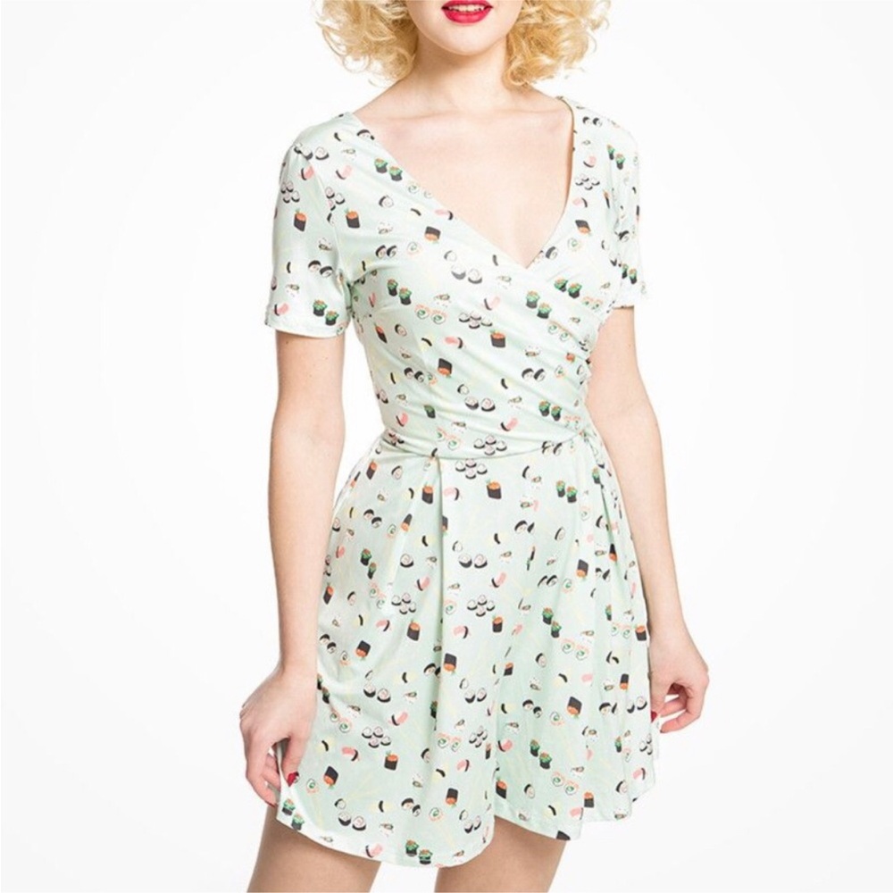 Lindy Bop Sushi Print Romper Size 6 Green Satin Wrap Pleated